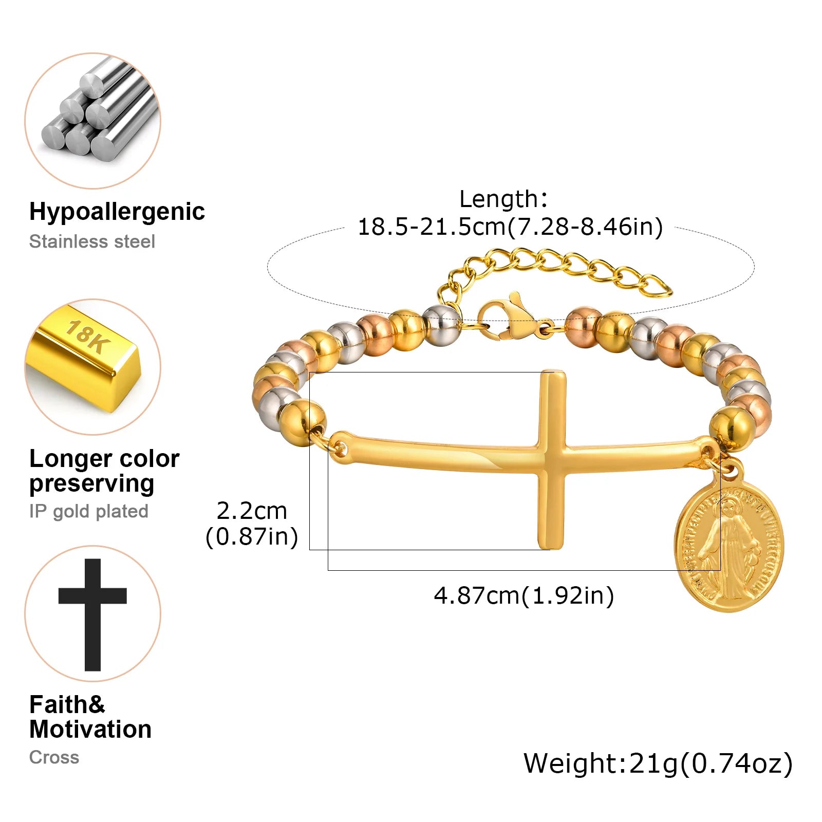 St. Benedict Cross Oval Plate Bracelet – Three-Color Beaded Stainless Steel, Waterproof