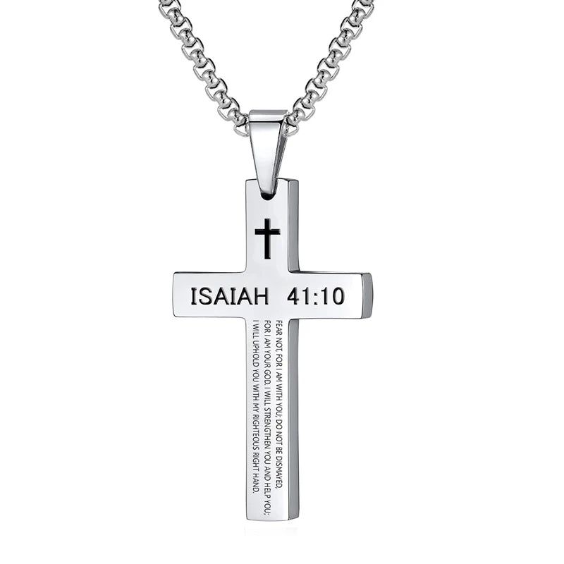 Philippians 4:13/ Psalm 118:6,46:10 /Matt 28:20/ Isaiah 41:10 Cross Stainless Steel necklace
