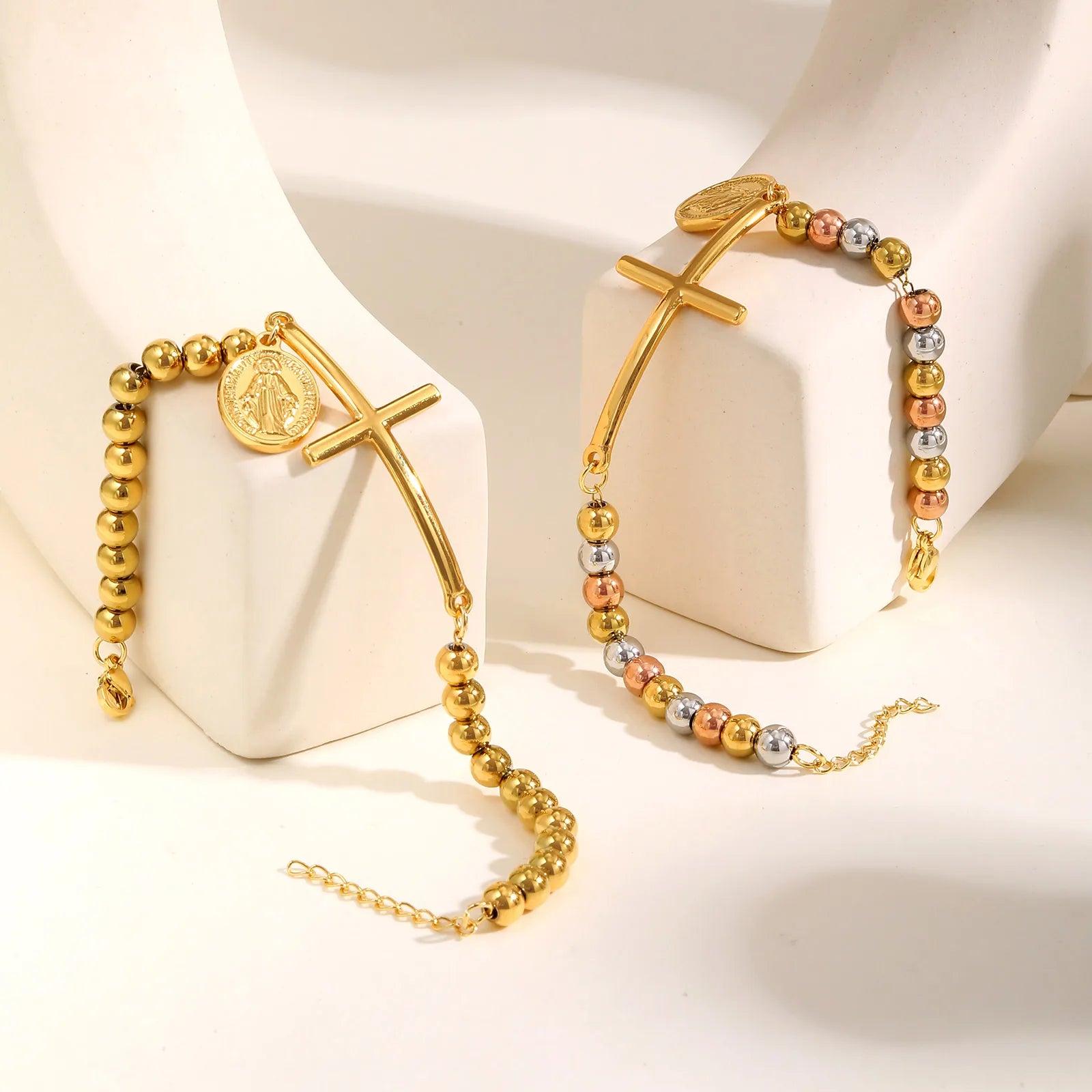 St. Benedict Cross Oval Plate Bracelet – Three-Color Beaded Stainless Steel, Waterproof