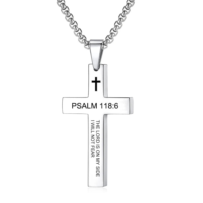 Philippians 4:13/ Psalm 118:6,46:10 /Matt 28:20/ Isaiah 41:10 Cross Stainless Steel necklace