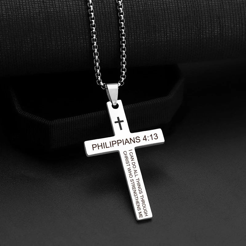 Philippians 4:13/ Psalm 118:6,46:10 /Matt 28:20/ Isaiah 41:10 Cross Stainless Steel necklace