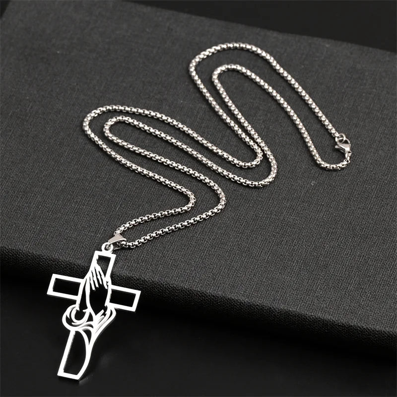 Prayer Hands Cross Necklace – Stainless Steel Christian Jewelry