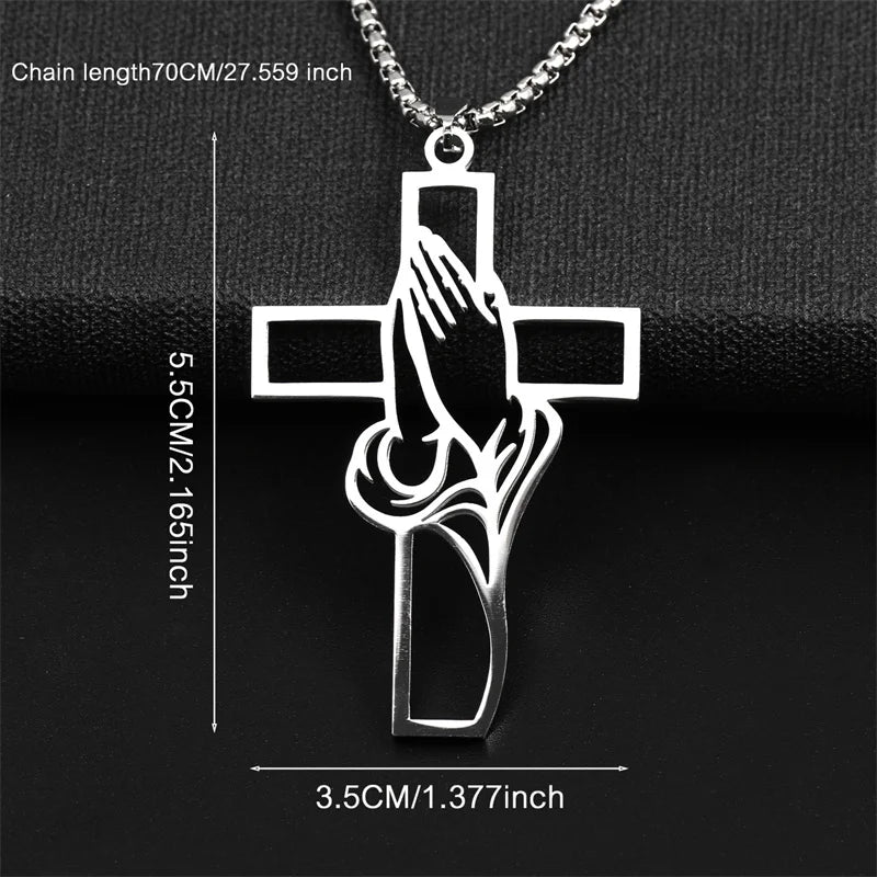 Prayer Hands Cross Necklace – Stainless Steel Christian Jewelry