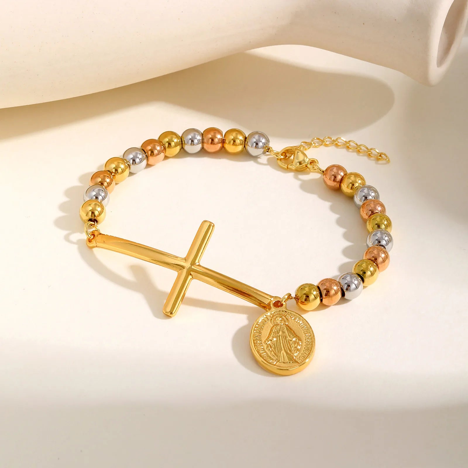 St. Benedict Cross Oval Plate Bracelet – Three-Color Beaded Stainless Steel, Waterproof