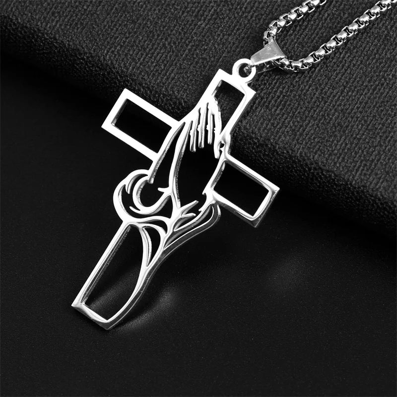 Prayer Hands Cross Necklace – Stainless Steel Christian Jewelry