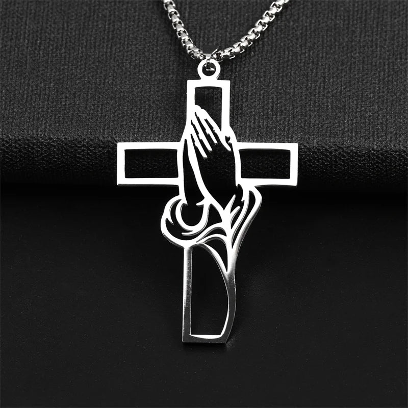Prayer Hands Cross Necklace – Stainless Steel Christian Jewelry
