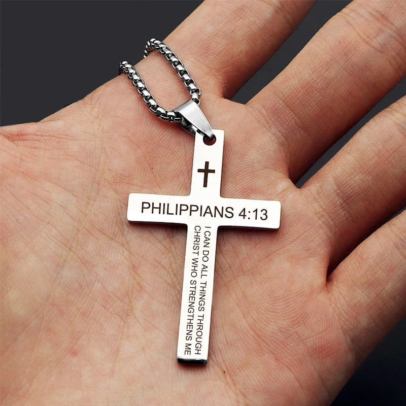 Philippians 4:13/ Psalm 118:6,46:10 /Matt 28:20/ Isaiah 41:10 Cross Stainless Steel necklace