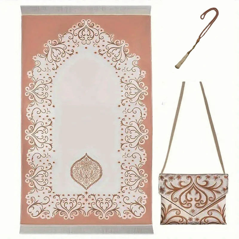 BEAUTIFUL Prayer Set 3pc. Middle East Prayer Rug Prayer Beads TRAVEL BAG