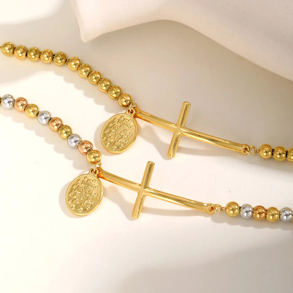 St. Benedict Cross Oval Plate Bracelet – Three-Color Beaded Stainless Steel, Waterproof