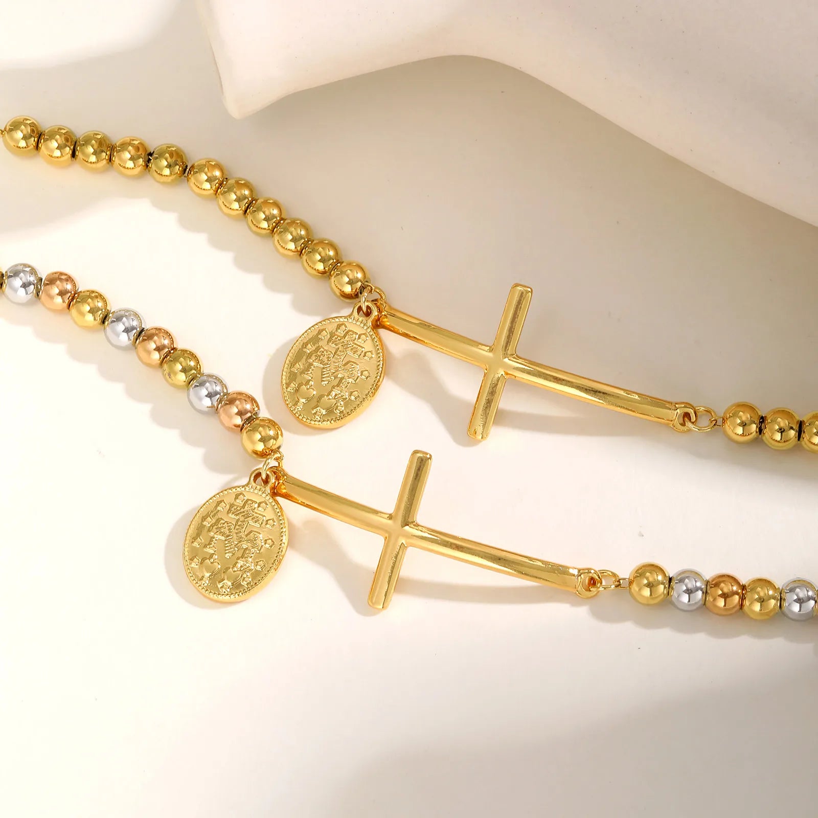 St. Benedict Cross Oval Plate Bracelet – Three-Color Beaded Stainless Steel, Waterproof