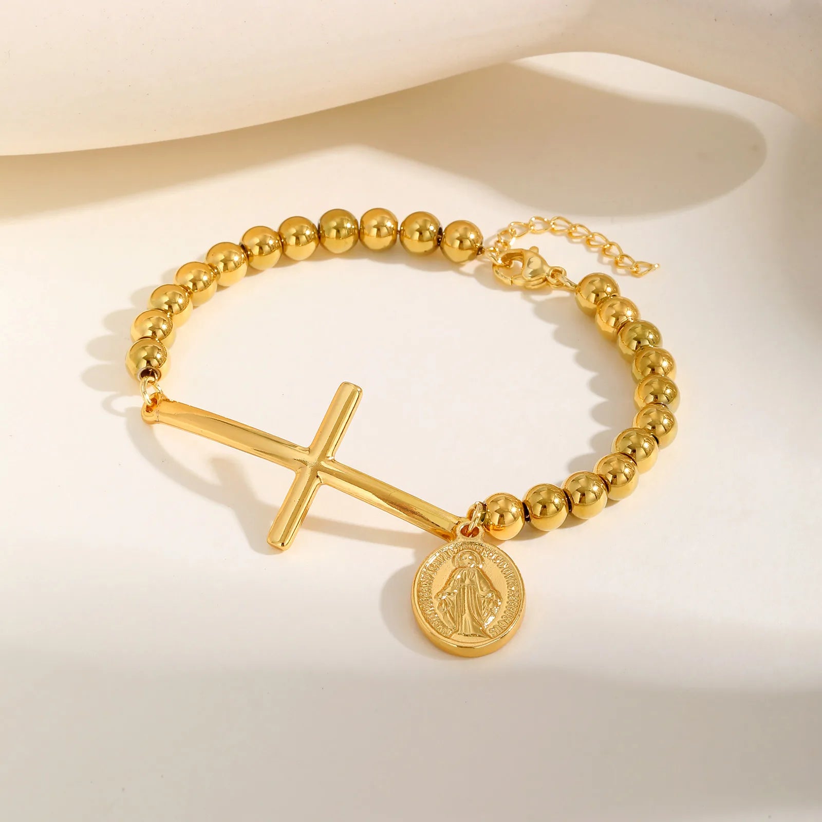 St. Benedict Cross Oval Plate Bracelet – Three-Color Beaded Stainless Steel, Waterproof