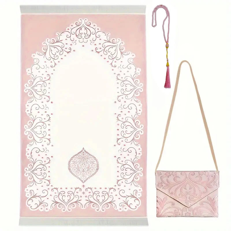 BEAUTIFUL Prayer Set 3pc. Middle East Prayer Rug Prayer Beads TRAVEL BAG