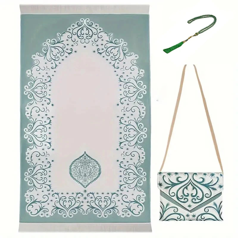 BEAUTIFUL Prayer Set 3pc. Middle East Prayer Rug Prayer Beads TRAVEL BAG