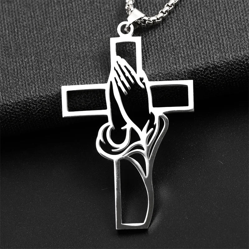 Prayer Hands Cross Necklace – Stainless Steel Christian Jewelry