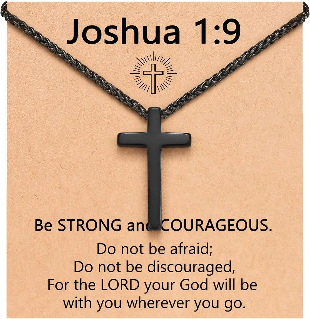 Be Courageous ! Joshua 1:9 Black Cross Necklace Stainless Steel