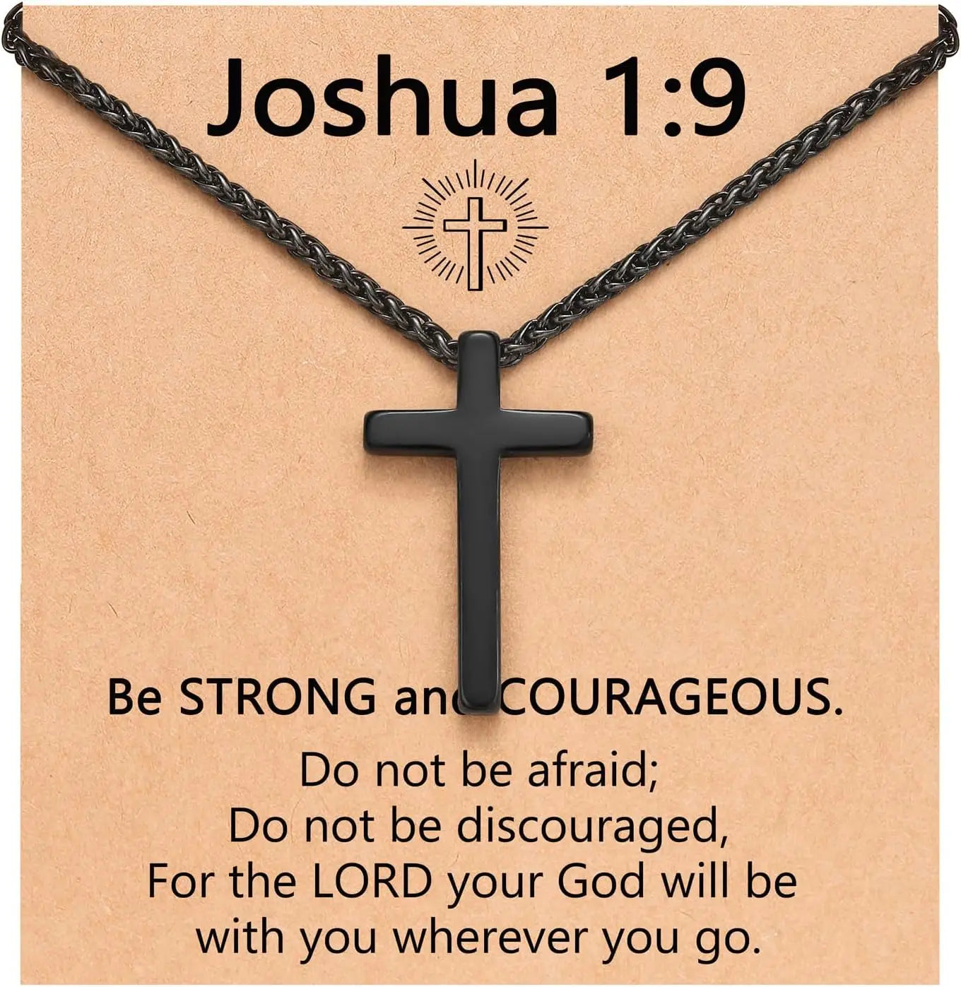 Be Courageous ! Joshua 1:9 Black Cross Necklace Stainless Steel