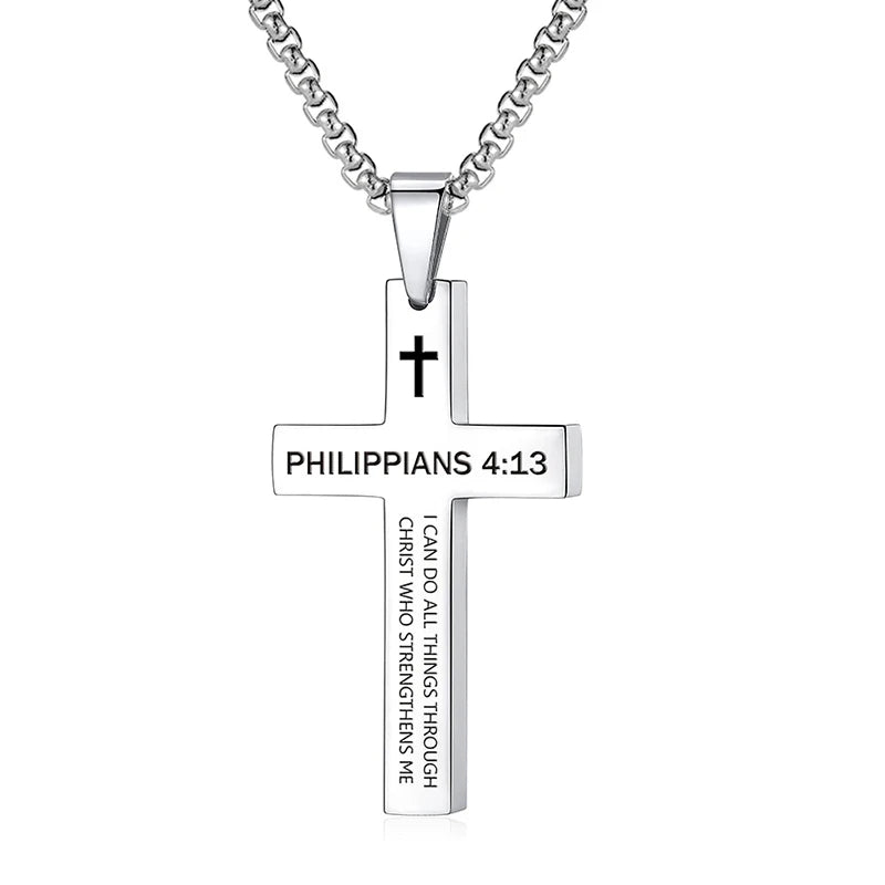 Philippians 4:13/ Psalm 118:6,46:10 /Matt 28:20/ Isaiah 41:10 Cross Stainless Steel necklace